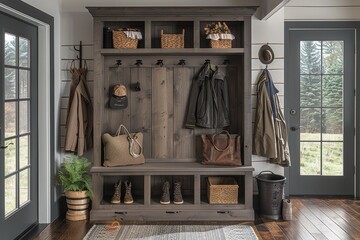 Rustic gray wood hall tree with shoe storage and coat shelving in a mudroom, featuring a functional and stylish design.