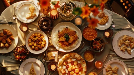 A festive table is adorned with a vibrant assortment of Indian dishes, candles, and flowers, creating a warm and inviting atmosphere.