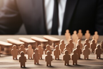 Business leader analyzing team dynamics with wooden figures in a conference room setting