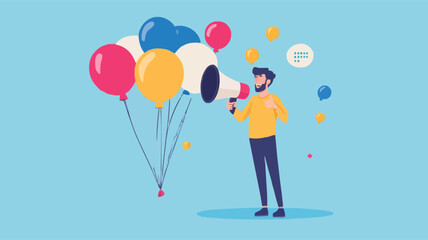 Communication or PR, Public Relations manager to communicate company information and media, announce sales or promotion concept, businessman holding speech bubble balloons while talking on megaphone.