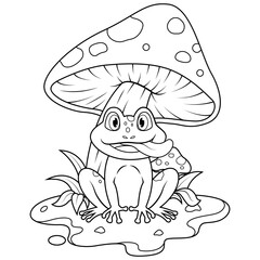 Cartoon froge palying under the mushroom line art