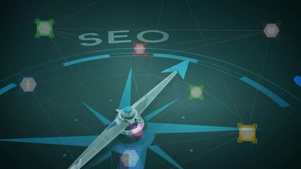 SEO text animation over compass graphic with network connections - Powered by Adobe