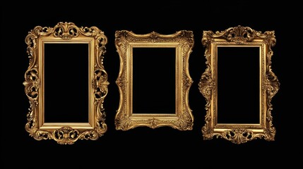 Three ornate gold frames arranged elegantly on a black background, perfect for showcasing artwork or photographs.