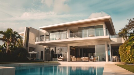 Obraz premium A luxurious modern house featuring sleek architecture, expansive glass windows, and a pristine pool, exuding elegance and sophistication.