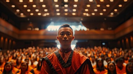 Obraz premium ultra long shot of a young indonesian grad student confidently presenting in a stage in front of a diverse audience, in a university or international conference setting, generative ai. 