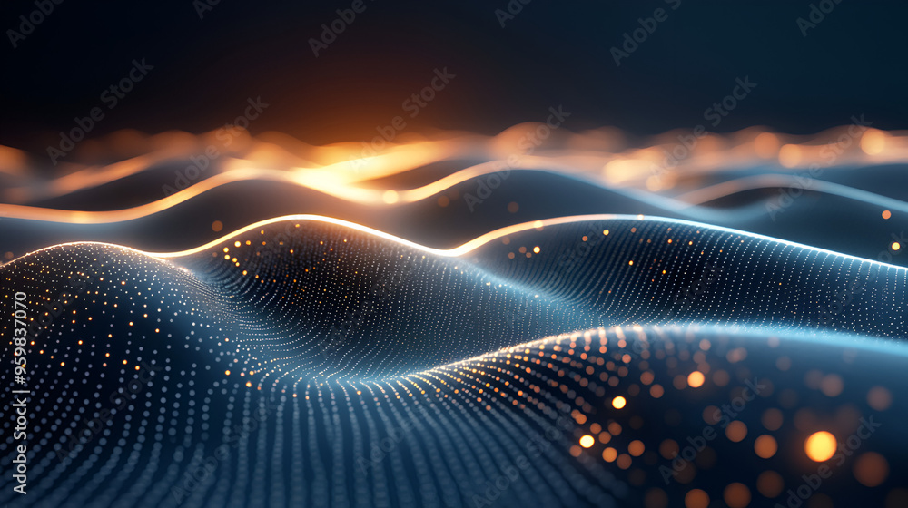 Poster abstract digital landscape with glowing waves and particles illuminated in a dark space, creating a 