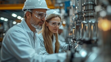 Industrial Precision: A team of engineers in lab coats and safety gear meticulously monitor a complex system of pipes and valves, showcasing the meticulous attention to detail and expertise required i