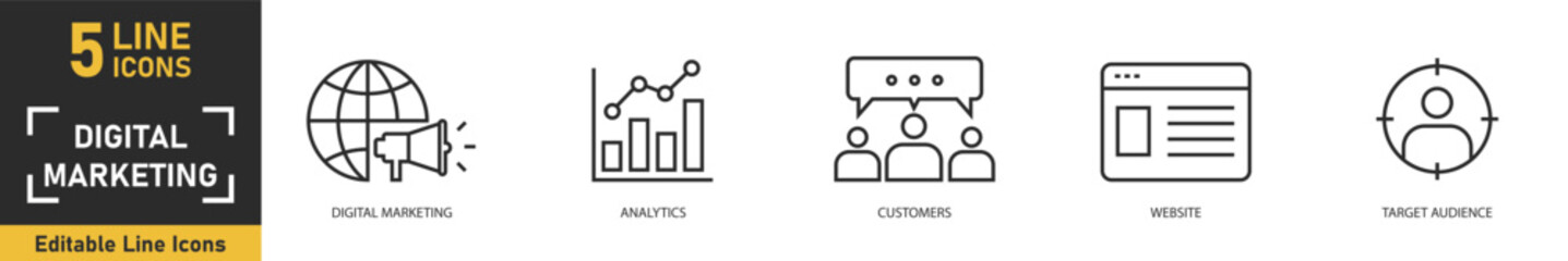 Digital Marketing line icon set. Set of 5 outline icons related to digital marketing, analytics, customers, website, target audience and more. Vector illustration.