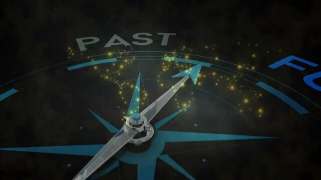 Compass pointing towards FUTURE with network connections animation over it