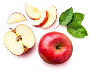 red apple with slices and green leaves isolated on white background