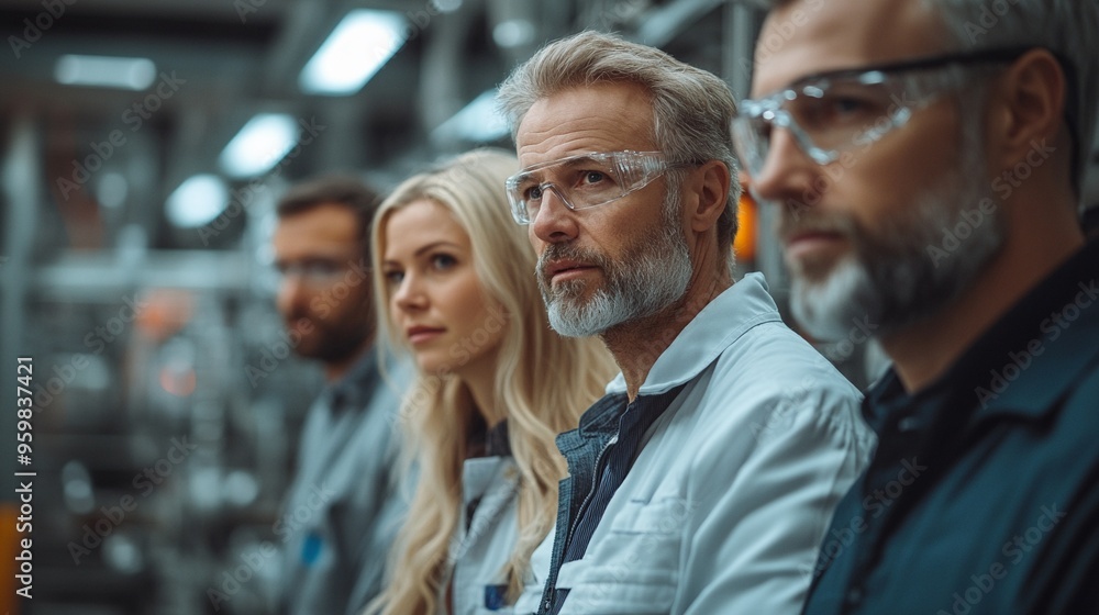 Poster focused factory faces: a team of engineers, their expressions a mix of concentration and determinati