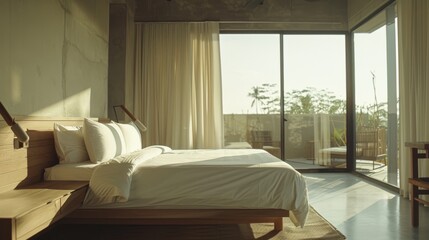 A serene bedroom bathed in natural light, with minimalist, modern furnishings and a large window offering a tranquil view of nature outside.