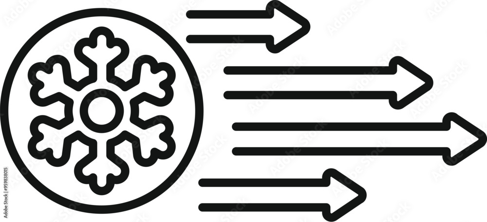 Poster line drawing of a snowflake moving fast with arrows, representing air conditioning and cold air flow