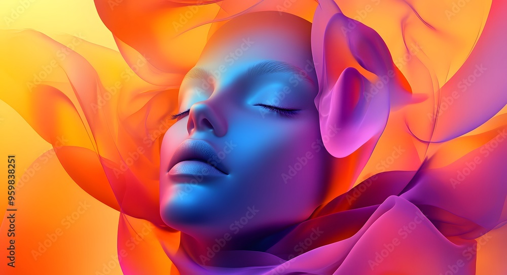 Poster 22. **abstract portrait with a human face composed of overlapping shapes and soft gradients**