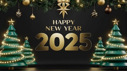 Happy New Year 2025 in Bold 3D with Christmas Trees on a Dark Background