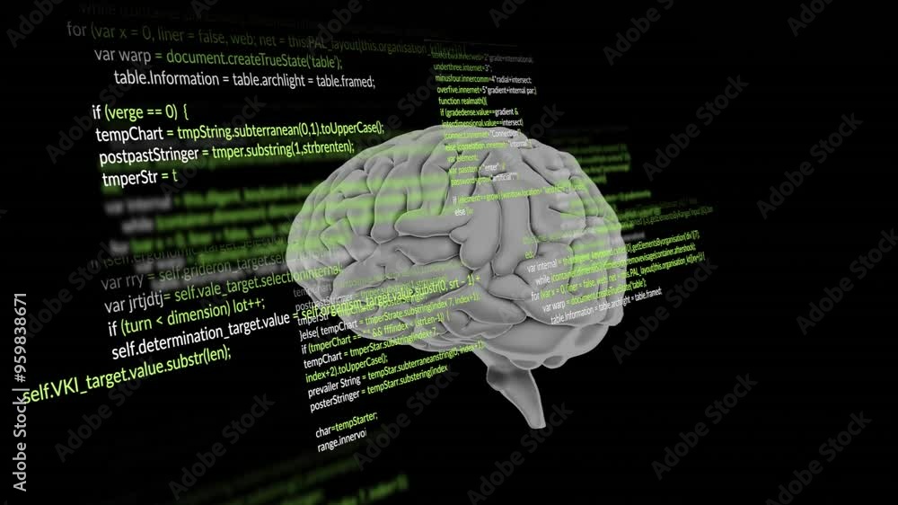 Poster human brain model with green code lines animation, representing artificial intelligence