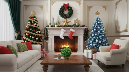 Cozy Christmas Living Room with Decorated Trees, Wreaths, and a Fireplace