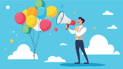 Communication or PR, Public Relations manager to communicate company information and media, announce sales or promotion concept, businessman holding speech bubble balloons while talking on megaphone.