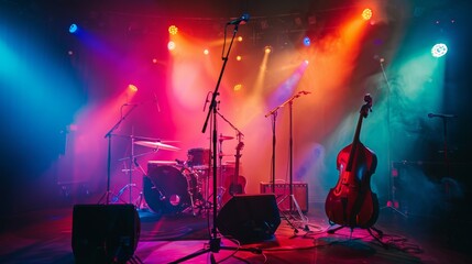 A vibrant stage with colorful lighting and musical instruments set up, ready for a live performance, exuding excitement and creativity.