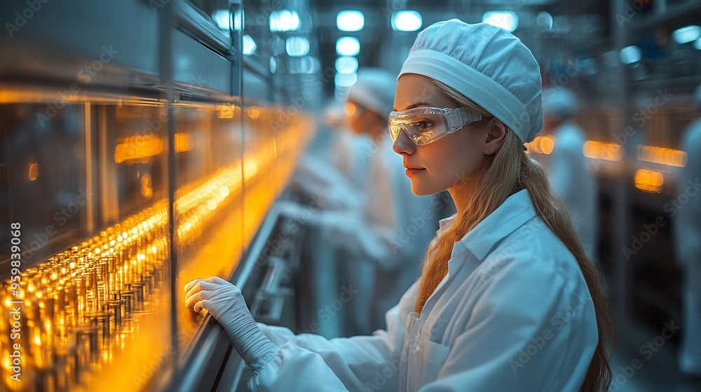 Aufkleber precision in production: female scientist meticulously monitoring production line in a high-tech pha