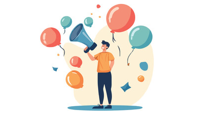 Communication or PR, Public Relations manager to communicate company information and media, announce sales or promotion concept, businessman holding speech bubble balloons while talking on megaphone.