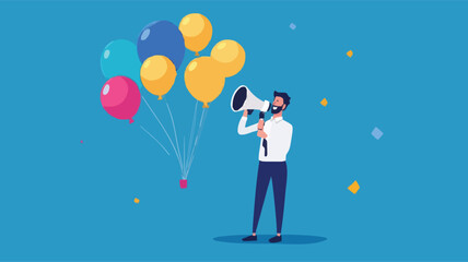 Communication or PR, Public Relations manager to communicate company information and media, announce sales or promotion concept, businessman holding speech bubble balloons while talking on megaphone.
