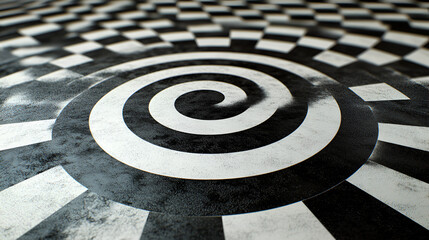 A striking black and white spiral pattern on a checkered floor creating a dizzying optical illusion in a modern setting