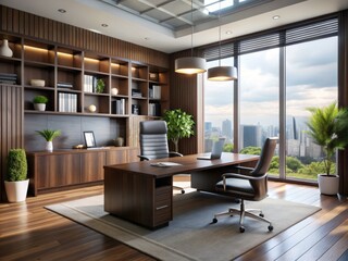 Dark wood accents and sleek modern furniture create a sophisticated atmosphere in a well-lit office, where natural