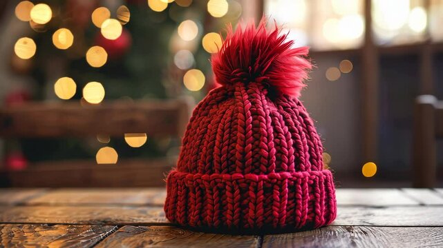 Red knitted hat with pom pom on wooden table, festive winter concept