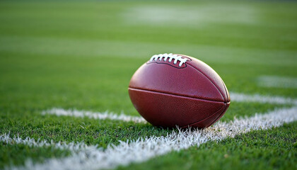 Close-up of an American football on a green field, highlighting texture and field lines.







