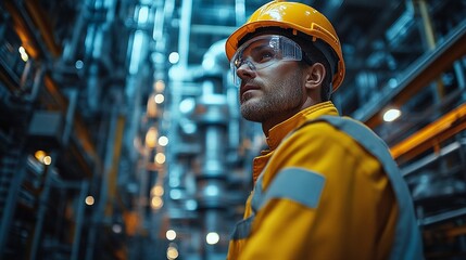 Industrial Strength: A close-up portrait of a focused industrial worker in a yellow jumpsuit and hard hat, standing amidst a complex network of machinery and pipelines, conveying a sense of dedication