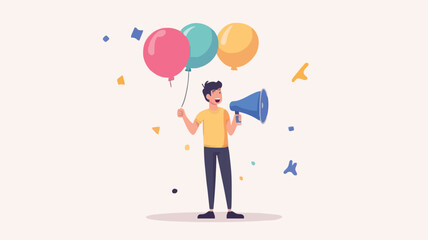 Communication or PR, Public Relations manager to communicate company information and media, announce sales or promotion concept, businessman holding speech bubble balloons while talking on megaphone.