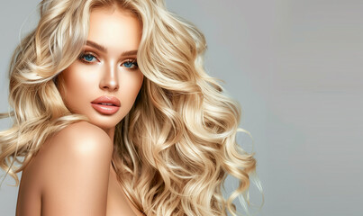 Fototapeta premium Lovely beauty fashion model with make-up, clear skin and blond long shiny wavy hairstyle. Hair care, coiffure and cosmetic concept