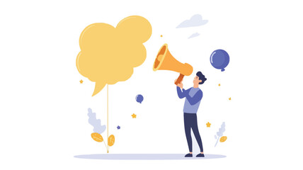 Communication or PR, Public Relations manager to communicate company information and media, announce sales or promotion concept, businessman holding speech bubble balloons while talking on megaphone.