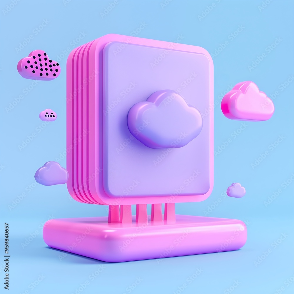 Poster 3d illustration of a futuristic cloud computing concept with colorful clouds and server in vibrant p