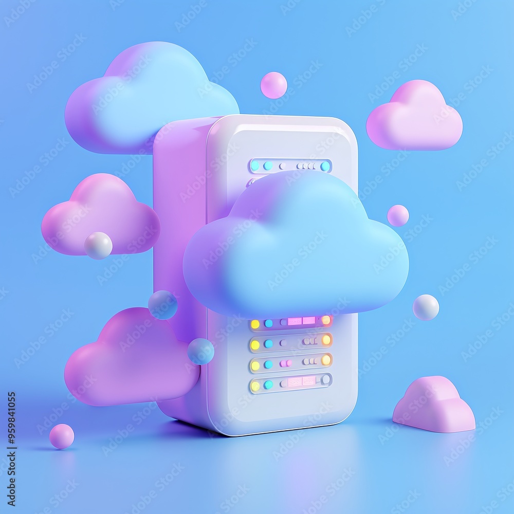 Poster 3d render of a futuristic cloud storage device with colorful lights and floating clouds on a blue ba