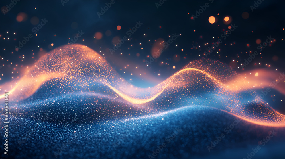 Poster abstract waves of shimmering particles illuminated by a soft glow in a deep blue environment at dusk