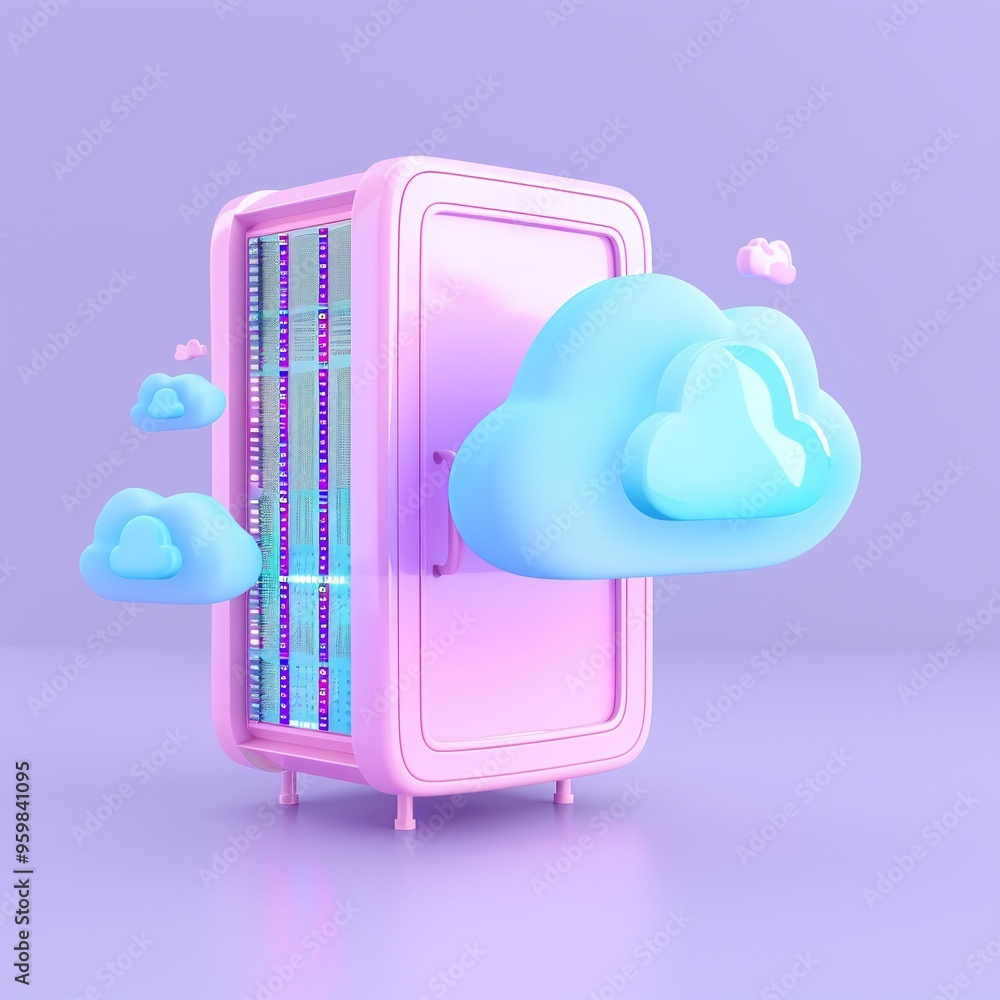 Poster 3d render of colorful server with clouds, representing cloud computing, data storage, and modern tec