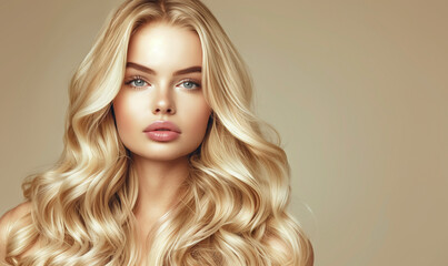 Fototapeta premium Elegant blonde model face. Long blond hair, fresh skin and natural make-up looking at camera