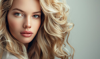 Fototapeta premium Studio portrait of blonde model face. Long blond hair, fresh skin and natural make-up looking at camera