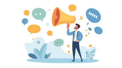 Communication or PR, Public Relations manager to communicate company information and media, announce sales or promotion concept, businessman holding speech bubble balloons while talking on megaphone.