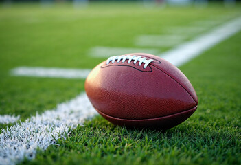 Close-up of an American football on a green field, highlighting texture and field lines.







