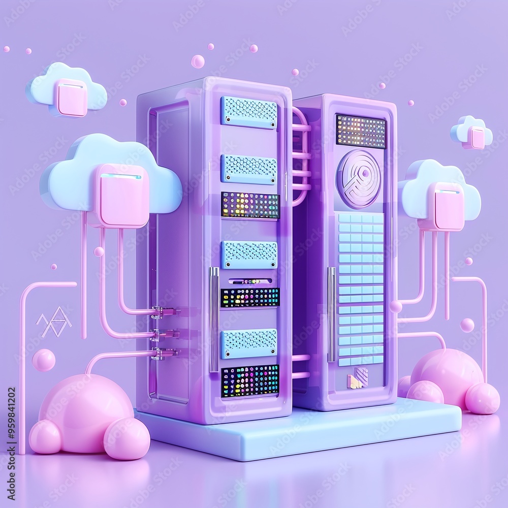 Poster 3d rendering of futuristic cloud computing servers with pastel colors and abstract elements.