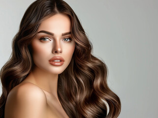 Fototapeta premium Pretty young adult woman with beautiful natural long wavy brown hair. Make-up, clear fresh skin and curly hairstyle. Cosmetic, styling, shampoo, glance and hairdresser concept