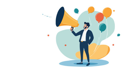 Communication or PR, Public Relations manager to communicate company information and media, announce sales or promotion concept, businessman holding speech bubble balloons while talking on megaphone.