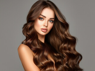 Naklejka premium Cute young adult woman with beautiful natural long wavy brown hair. Make-up, clear fresh skin and curly hairstyle. Cosmetic, styling, shampoo, glance and hairdresser concept