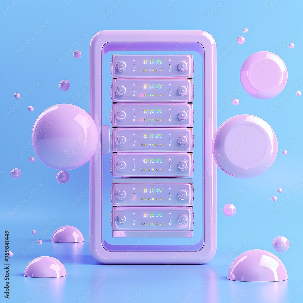 Poster abstract 3d illustration of a futuristic data server with floating bubbles, showcased within a sleek