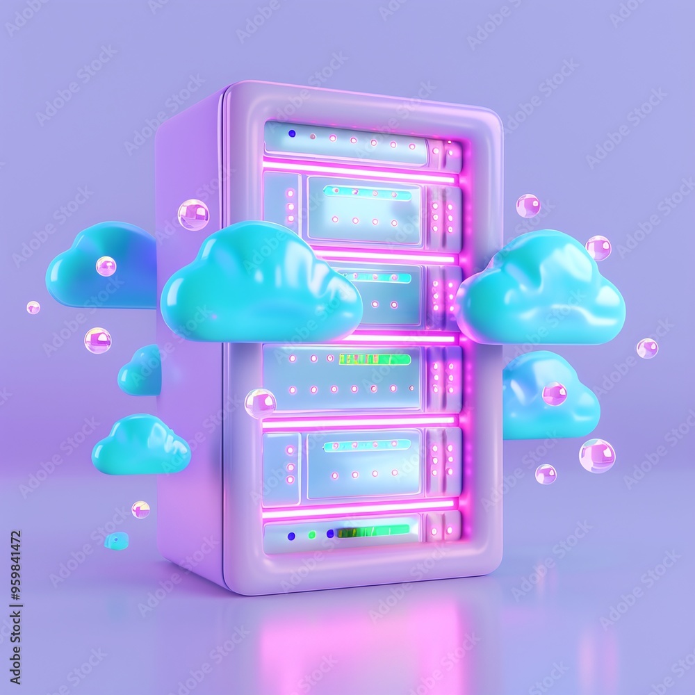 Poster abstract 3d illustration of a futuristic server with vibrant neon lights, surrounded by floating blu