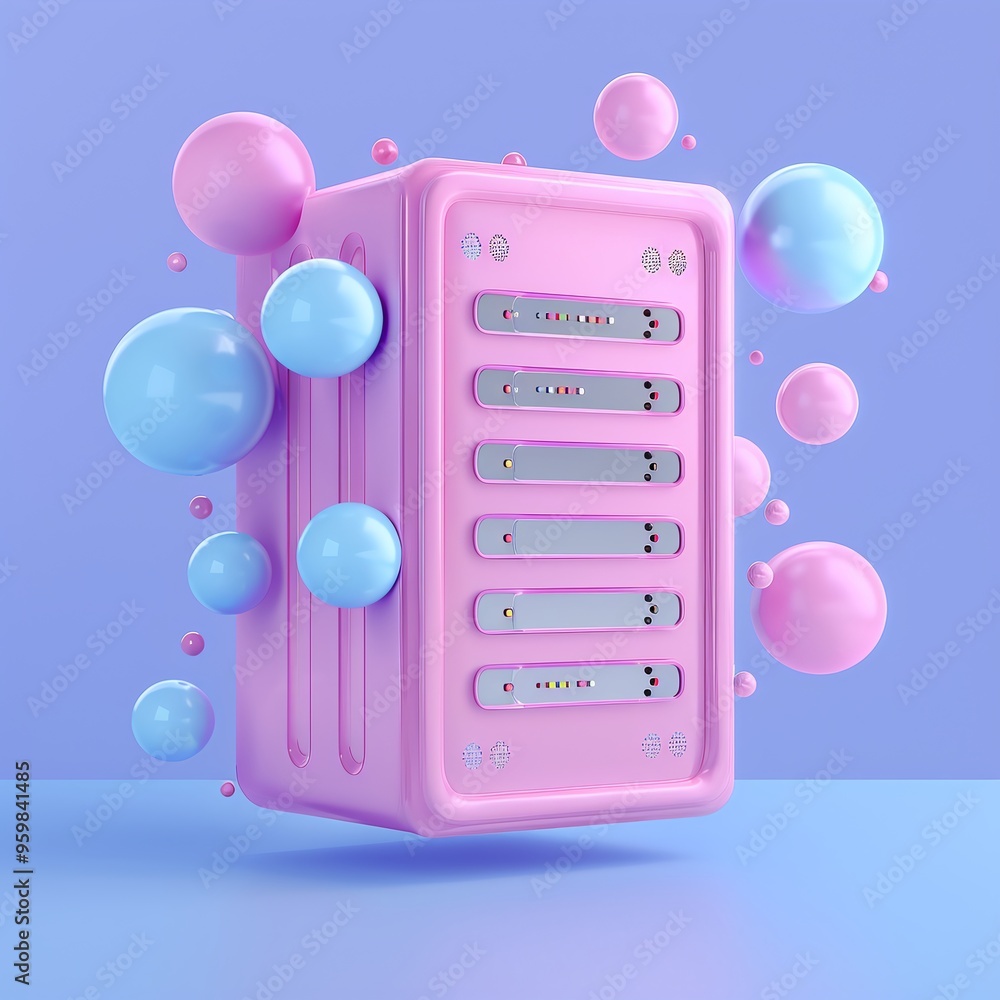 Poster Abstract 3D illustration of a server in pastel colors with floating spheres on a blue background, representing technology and data.