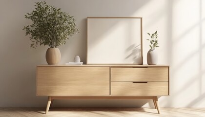 Minimalist Living Room with Wooden Cabinet and Sunlight.